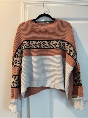 Women's Colorblock Leopard Stripe Knit Sweater - Dusty Rose & Cream